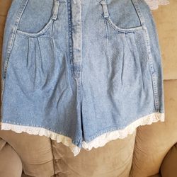 Vintage Hi-rise Denim Shorts, Lace Trim
