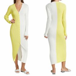 Staud Shoko ribbed knit colorblock sweater dress in limoncello white size XS
