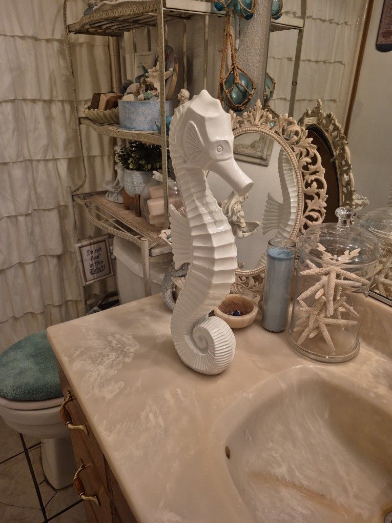 Large White Seahorse Statue 