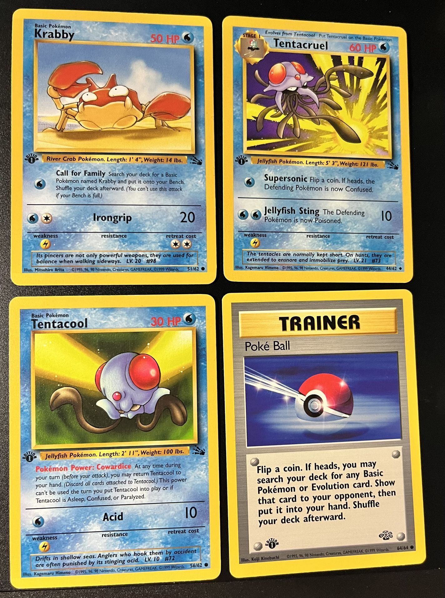 1st Edition Pokemon TCG (4 cards) Tentacruel Tentacool Krabby Poke Ball NM