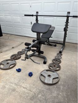 Olympic Weights, 7-ft Olympic Bar, Bench, Squat Rack