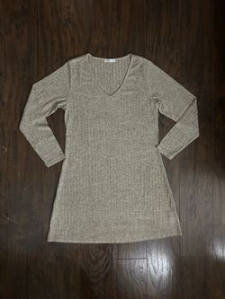 Ekouaer Gray Solid Ribbed Knit V-Neck Long Sleeve Stretch Dress