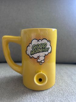 Good Morning Hand Pipe Coffee Mug Bowl Cup Smoke Gift Yellow Ceramic