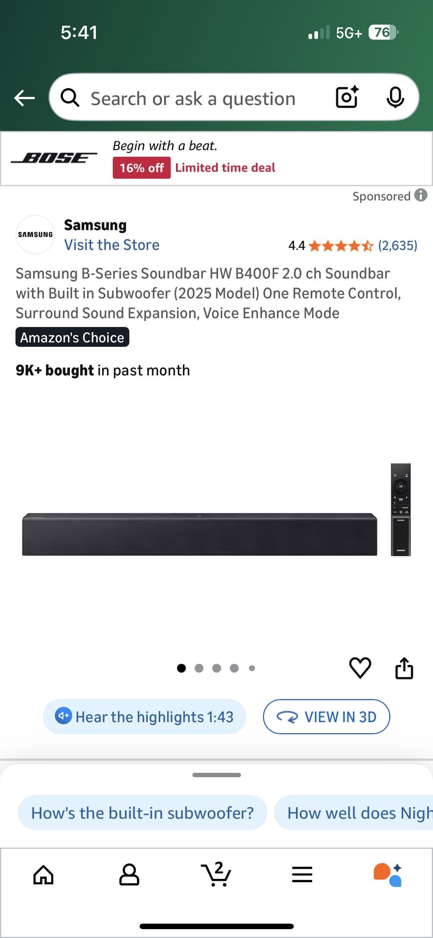 Samsung B-Series Soundbar HW B400F 2.0 ch Soundbar with Built in Subwoofer (2025 Model) One Remote Control, Surround Sound Expansion, Voice Enhance Mo