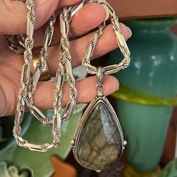 Vintage Sterling Silver And Labradorite Pendant Necklace 