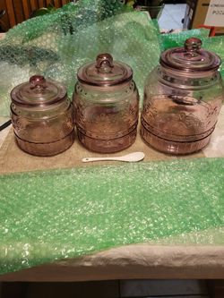 The Pioneer Woman Canister Jar Cassie Rose Glass Pink Embossed - Set of 3