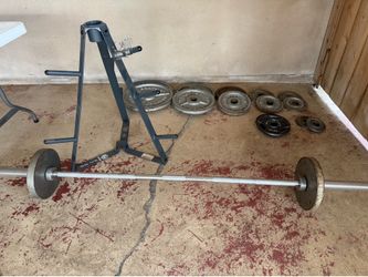 Olympic Weight Plates, Barbell & Weight Tree Set – 315 lbs