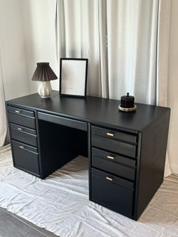Gorgeous Modern Refinished Solid Wood Desk- Black With Brass Hardware