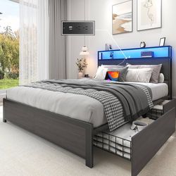 New Heavy Duty Full Bed Base with Charging Station and LED Lights, Metal Bed Frame with 4 Storage Drawers and Headboard, No Box Spring Needed, Easy As