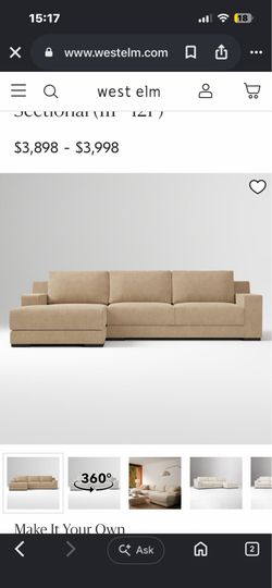West Elm Dalton 2-Piece Chaise Sectional, Camel Velvet, Brand New in Box