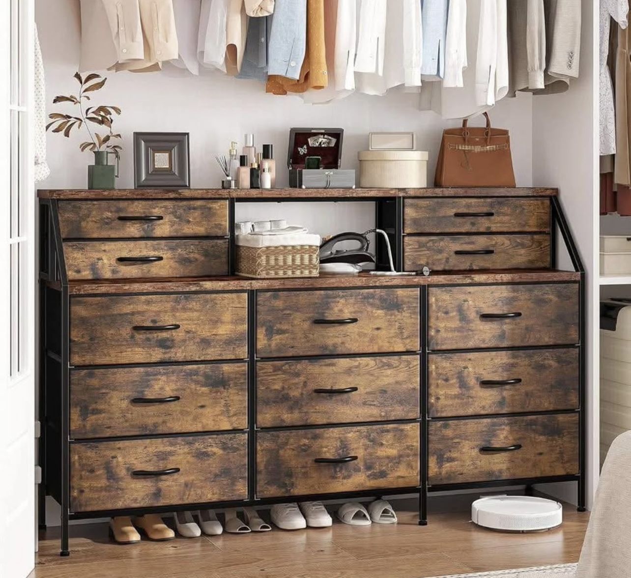 13 Fabric Drawers and 2 Open Shelves, Long Dresser for Girls Bedroom & Closet,Metal Frame & Wooden Top, Rustic Brown