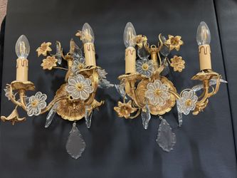 Pair French Vintage Crystal and Amethyst Flowers Sconces  