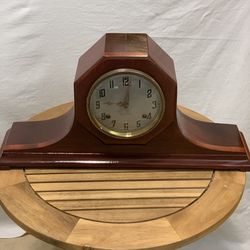 1920s New Haven Westminster tambour clock with chimes, key & pendulum