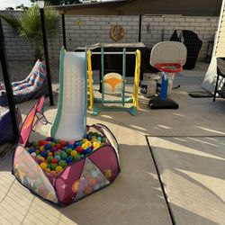 Kids Swing Slide And Ball Pit With Basketball Hoop