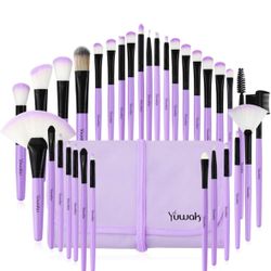 Yuwaku Makeup Brush 32pcs, Purple Professional Make Up Brushes Set with Soft Bristles Kabuki Foundation Powder Eyeshadow Eyeliner Blush Concealer Brus