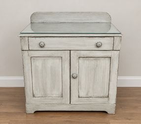 Vintage Wood Cabinet / Sideboard with Glass Top (Painted Gray) 29.5” x 15” x 32.5”