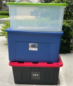 Lot of 3 Large Plastic Storage Containers  Totes Bins Sterilite, American Plastics