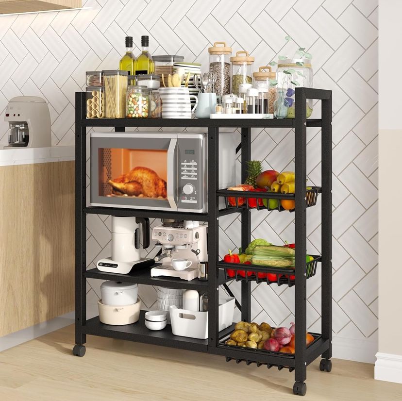 Storage Shelves, Adjustable 4-Tier Kitchen Shelves with 3 Wire Baskets, Kitchen Organizers and Storage, Metal Shelf Rack with Wheels for Garage, Pantr