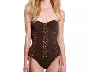 Michael Kors corset bandeau swimsuit with the tag still attached.