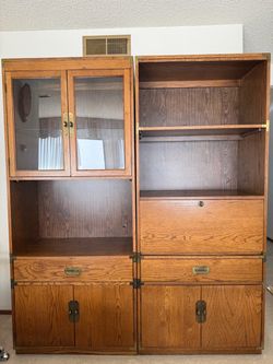 Bernhardt Solid Oak Wall Unit Set Matching Bookcase, Display Cabinet