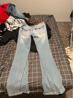 Vtg Y2K True Religion Joey Twisted Seam Flare Jeans Light Wash Pink Stitching Sz 31