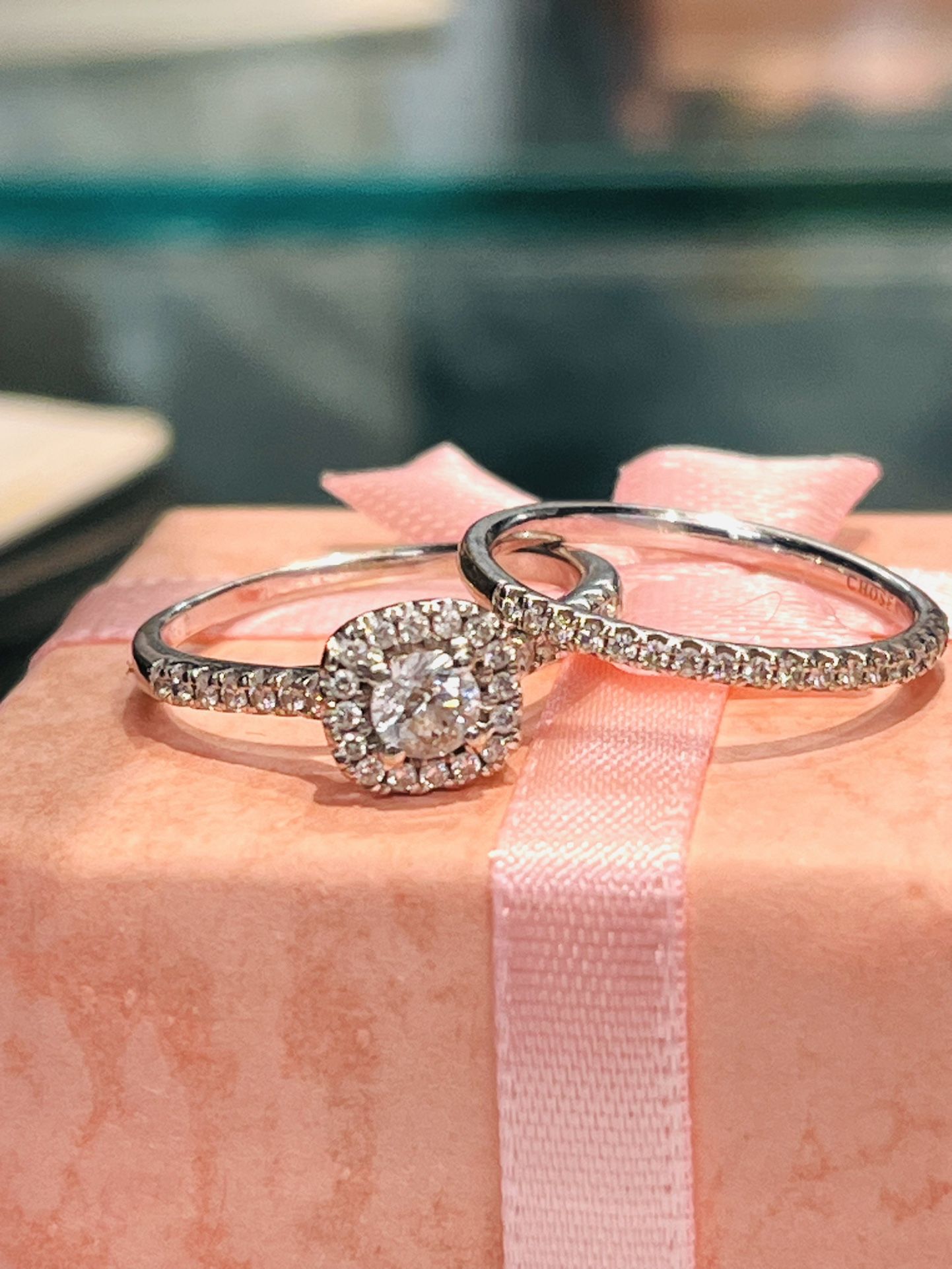 14k WG Ladies Diamond Halo Half Bezel Engagement Set