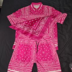 Matching (PINK) Bandana Style Button down Shirt & Shorts