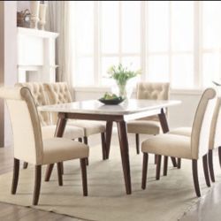 7pc Marble Dining Table With 6 Beige Fabric Tufted Chairs