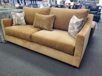 Gold Chenille 3-Seat Sofa with Accent Pillows