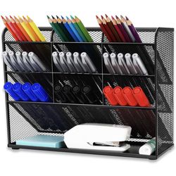 Mesh Desk Pencil Organizer, Pencil Holder, Office Desktop Organizer Collection - 9 Compartments with A Storage Rack - Markers Pen Holder for Office Sc