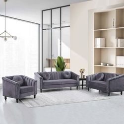 Gray Living Room 3 Piece Set Include Sofa, Loveseat And Chair New In Packaging 