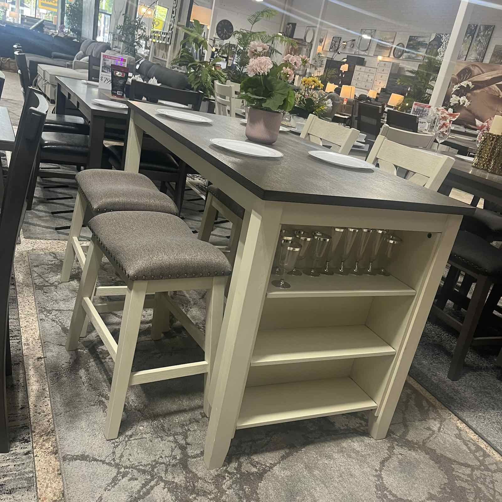 5 Pcs Counter Dining Set 2 Chairs 2 Stools Whitewash Color SKU#10F2595