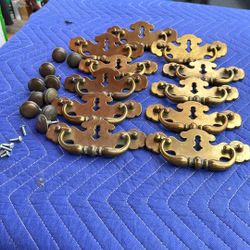 11 Vintage Brass Handles Made In Canada 6 Inch Wide Original Pluss10 Knobs  With Screws 