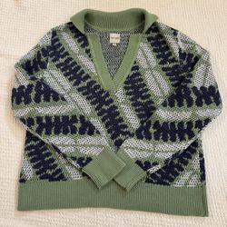 NIC+ZOE Womens Med Green Black Knit V-Neck Pullover Sweater Geometric Jacquard 