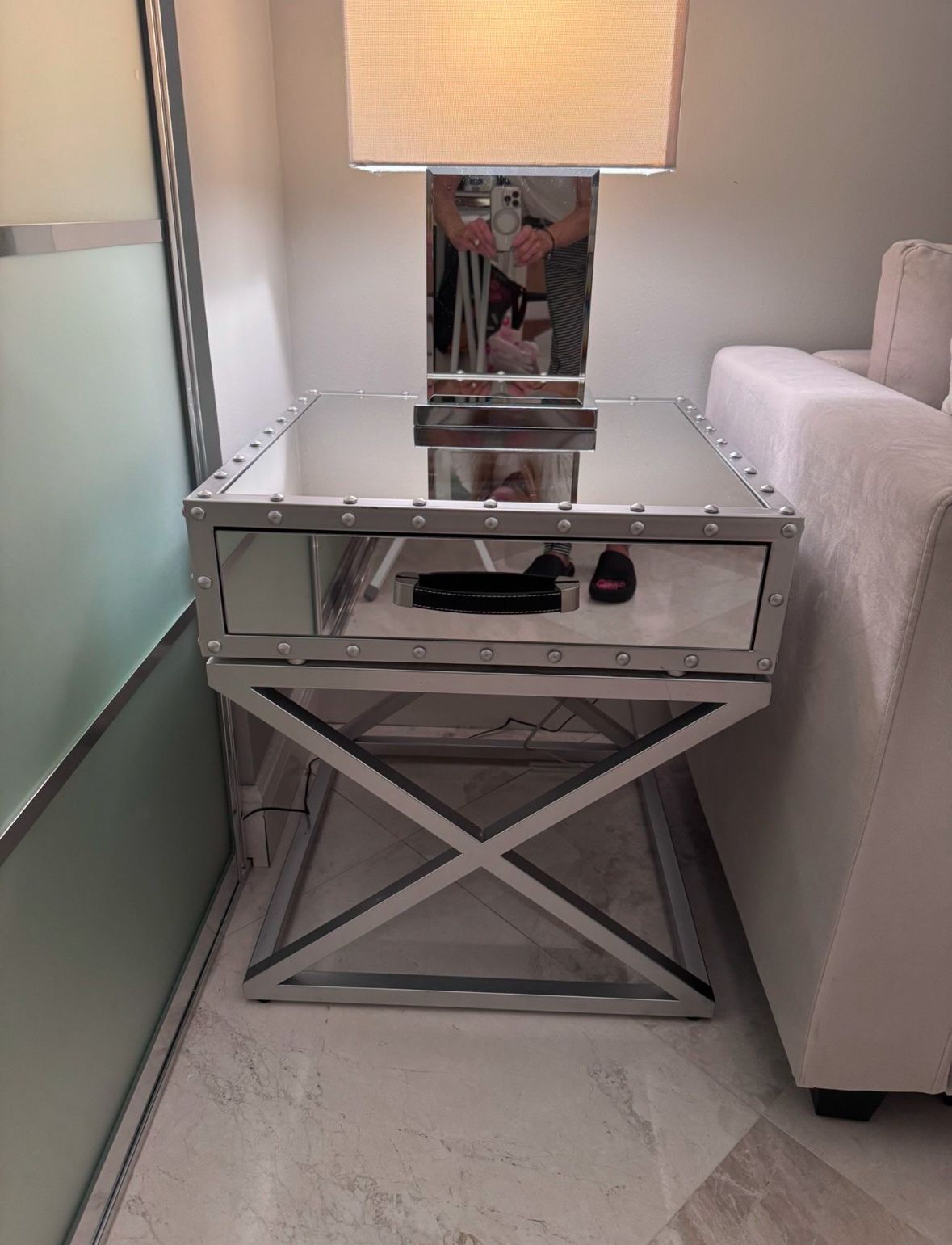 Large square mirrored end table with drawer