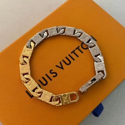 LV Square Flower Skeleton Cuban Bracelet in Gold and Silver