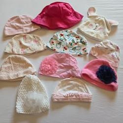 Lot of 11 Girls 6-12 Months Mixed Baby Hats with Flower Beanies & Bucket Cap