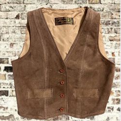 Vintage Learsi Genuine Leather Vest Caramel Brown Adj Back Button Size M Women’s