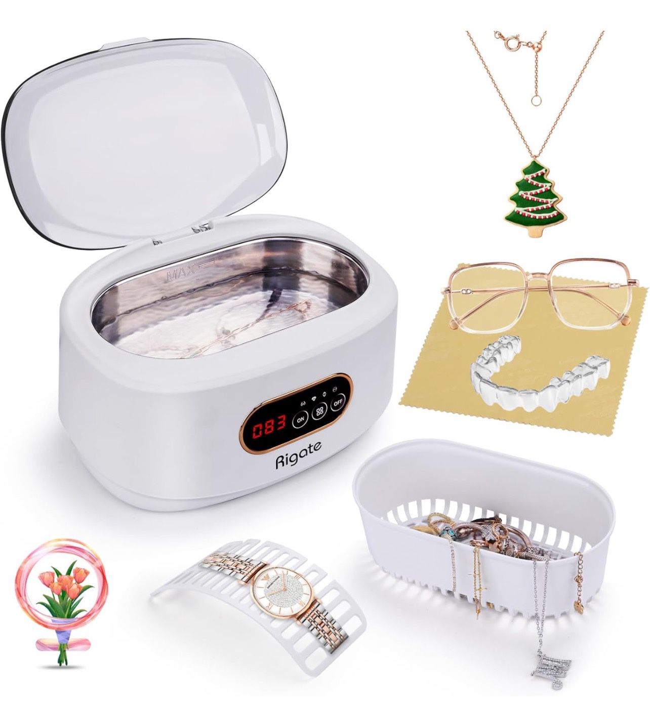 Ultrasonic Jewelry Cleaning Machine (22.3oz/660ml) with Glasses Ring Silver Glasses Teeth Fixer Professional Sound Wave Cleaning, 5-Speed Digital Time
