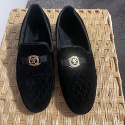 Robert Adams Men's Black Velvet Smoking Loafers - Quilted Velvet Slip-On with Gold Lion Emblem - Dress Slipper