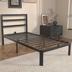 14" Twin Bed Frame with Headboard Black Metal Platform Bed Frame No Box Spring Needed Heavy Duty
