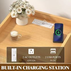 Nightstands Set of 2, Small Night Stands with Charging Station, Wood Rattan Bed Side Table Sets with 2 Storage Drawers & Wooden Handles, Farmhouse Boh