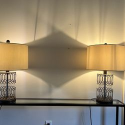 Pair Of Glass And Metal Lamps With Lamp Shade 