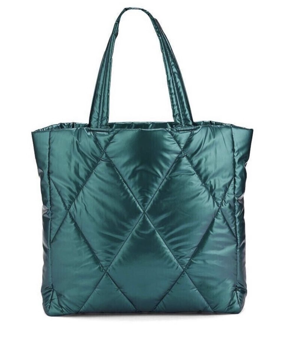 VICTORIA'S SECRET Tote Bag 2022 Holiday Large Quilted Puffer Green Teal Metallic