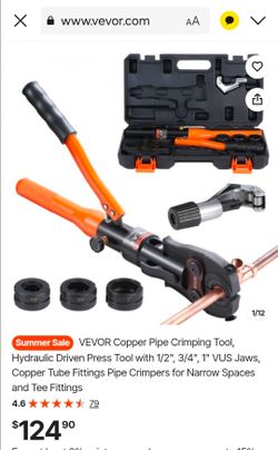 VEVOR Copper Pipe Crimping Tool, Hydraulic Driven Press Tool with 1/2", 3/4", 1" VUS Jaws, Copper Tube Fittings Pipe Crimpers for Narrow Spaces and Te