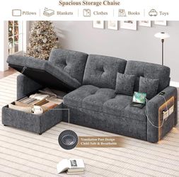 81'' LED L-Shaped Sectional Couch for Living Room, Sleeper Sofa Bed, Grey Comfy Chenille Cloud Couch, Pull Out Bed, Storage Chaise, 5-level Adjustable