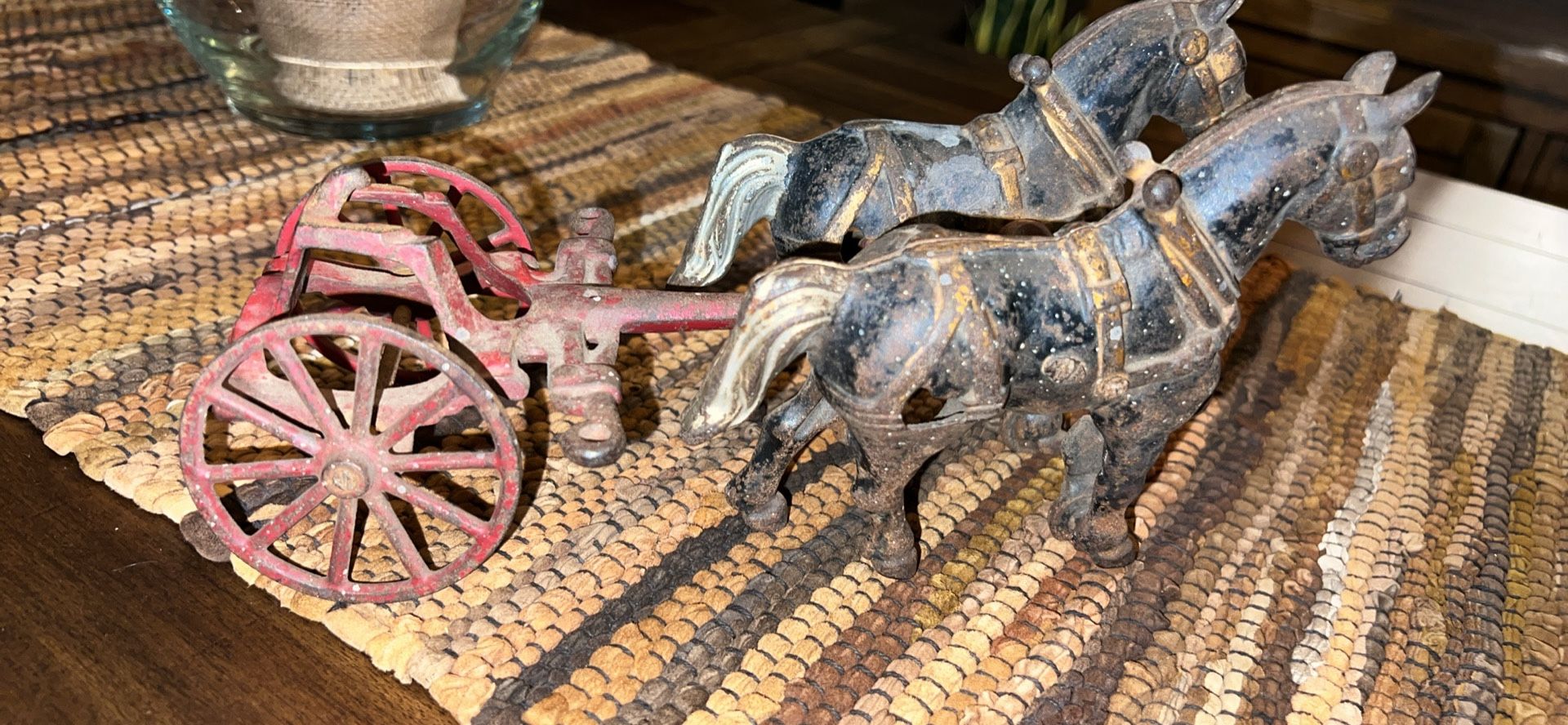 Antique Kenton Green Cast Iron Horses with Wagon Pull