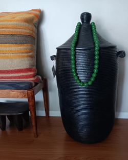 Large Senegalese Basket Wrapped In Leather