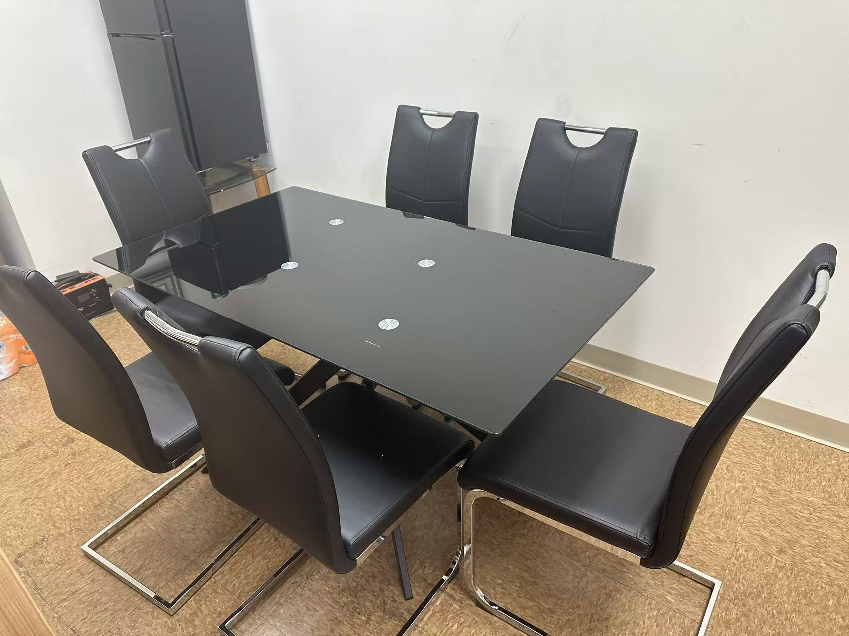 7 Piece Glass Dining Table Set, Glass Kitchen Dining Room Table Set for 6, Modern 51" Rectangular Black Glass Metal Dining Table with 6 Black Leather 