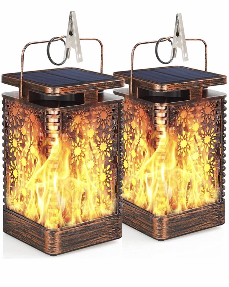 2 Pack  Solar Lantern Lights Outdoor Hanging Patio Decor with Flickering Dancing Flame, Waterproof S